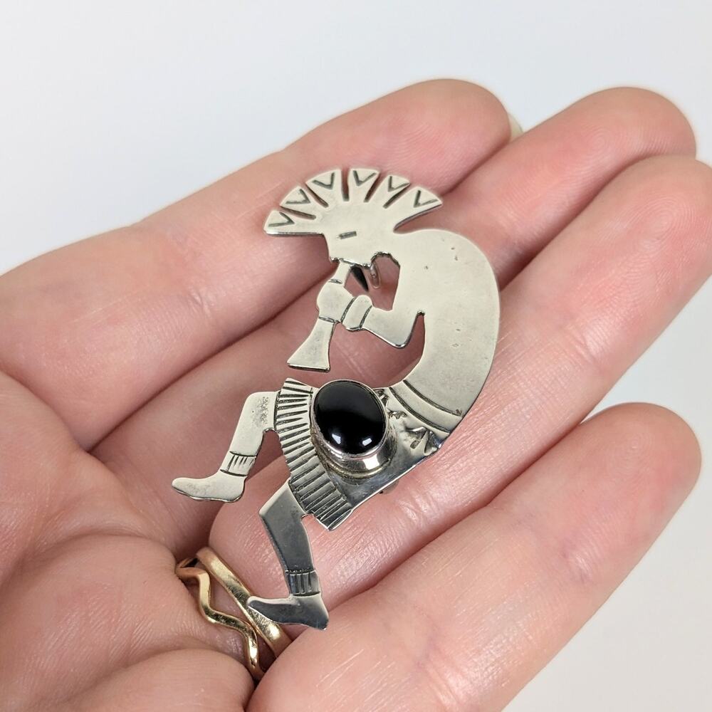 Vintage Sterling Silver Onyx Native American Signed C Kokopelli Pendant Brooch - Picture 7 of 7